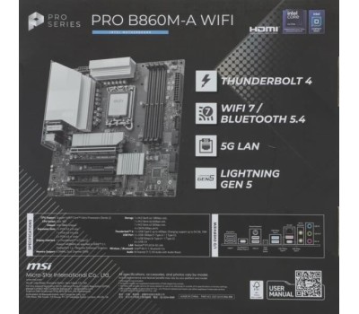 Материнская плата MSI Материнская плата PRO B860M-A WIFI B860, LGA1851, 4*DDR5, 4*PCIEx16, 3*M.2, 2*TypeC, 3*USB3.2Gen2, 6*USB3.2Gen1, 2*USB2.0, 4*SATA3.0, 5G, Type-C(DP), DP, HDMI, M-ATX, RTL