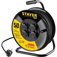Удлинитель STAYER Силовой удлинитель на стальной катушке КГ 3х2.5 50м 4000Вт IP44, RX 325 55076-50
