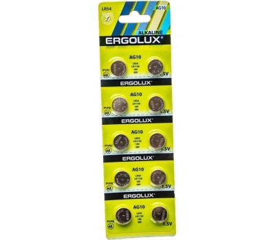 Элементы питания ERGOLUX (14321) AG10 BL-10 (AG10-BP10, LR54 /LR1130 /189 /389 батарейка для часов)