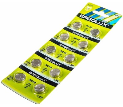 Элементы питания ERGOLUX (14321) AG10 BL-10 (AG10-BP10, LR54 /LR1130 /189 /389 батарейка для часов)