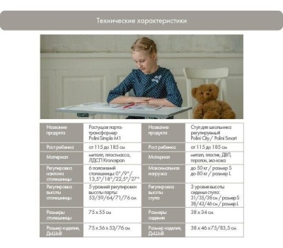 Парта POLINI Растущая парта-трансформер Polini kids Simple М1 75х55 см, белый-синий (1кор)
