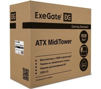 Корпус для ПК EXEGATE EX292859RUS Корпус Miditower EVO-8243 (ATX, без БП, 2*USB+1*USB3.0, черный, 3 вент. с RGB подсветкой, боковая панель - закаленное стекло)