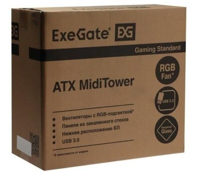 Корпус для ПК EXEGATE EX292859RUS Корпус Miditower EVO-8243 (ATX, без БП, 2*USB+1*USB3.0, черный, 3 вент. с RGB подсветкой, боковая панель - закаленное стекло)