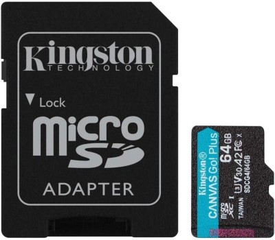 Карта памяти KINGSTON Карта памяти microSDXC UHS-I U3 Canvas Go Plus 64 ГБ, 200 МБ/с, Class 10, SDCG4/64GB, 1 шт., переходник SD