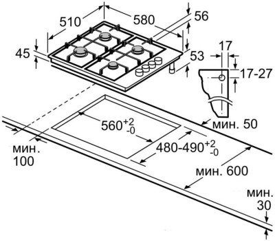 Варочная панель газовая BOSCH Газовая варочная поверхность PBY6C6B62O черный