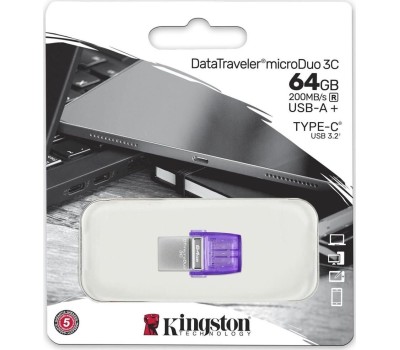 Флешка KINGSTON Флешка USB DataTraveler microDuo 3C 64ГБ, USB3.0, фиолетовый [dtduo3cg3/64gb]