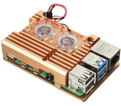 Корпус для ПК ACD Корпус RA504 Gold Metal Aluminum Case with Double Fans for Raspberry Pi 4B