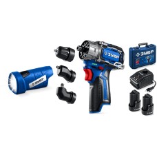 ЗУБР КОМБИ #4, набор: модульная дрель-шуруповерт + LED фонарь, BRUSHLESS, 12 В, 45 Н·м, 2 АКБ тип Т7 (2 А·ч), кейс, Профессионал (DB-125-22F)