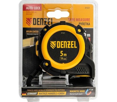 Рулетка DENZEL Рулетка 5м х 19мм, автоматич. фиксац., нейлон. покрытие, магнит. зацеп, двухстор. разметка 31521