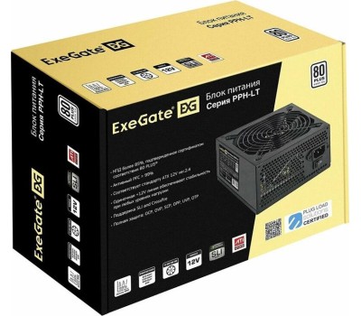 Exegate EX282040RUS Блок питания 500W Exegate 500PPH-LT, 80+,RTL ATX, black, APFC, 12cm, 24p, (4+4)p, 5*SATA, 3*IDE