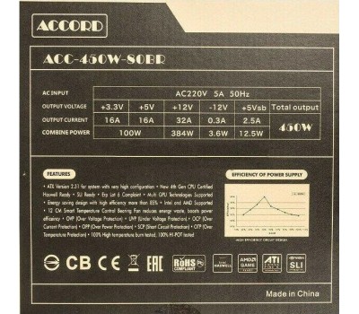 Блок питания ACCORD Блок питания ACC-450W-80BR, 450Вт, 80 PLUS BRONZE, 120мм, черный, retail
