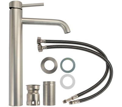 МАГНУС - Смеситель на раковину ВЫСОКИЙ, матовый литой корпус, изогнутый излив, из нержавеющей стали марки 304 9143