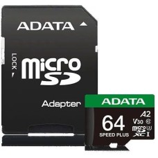 Карта памяти A-DATA Карта памяти microSDXC UHS-I U3 Speed Plus 64 ГБ, 160 МБ/с, Class 10, UD64GUI3V30A2SP-RA1, 1 шт., переходник SD