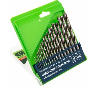 Набор сверл СИБРТЕХ Набор сверл по металлу, 1-10 мм, (через 0.5 мм) HSS 19 шт, пластиковая коробка, цилиндрический хвостовик 723887
