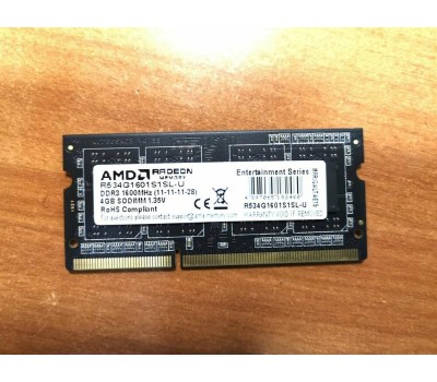 AMD RADEON Модуль памяти 4GB DDR3L 1600 SO DIMM R5 Entertainment Series Black R534G1601S1SL-U Non-ECC, CL11, R534G1601S1SL-U 1.35V, Retail (182460)