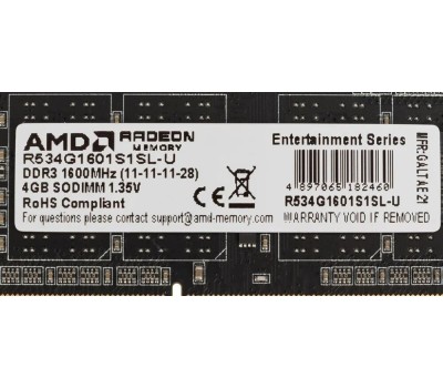 AMD RADEON Модуль памяти 4GB DDR3L 1600 SO DIMM R5 Entertainment Series Black R534G1601S1SL-U Non-ECC, CL11, R534G1601S1SL-U 1.35V, Retail (182460)