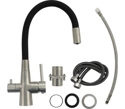 Смеситель для кухни MAGNUS 91117 Смеситель кухонный С-образный гибкий излив, ЧЁРНЫЙ, шаровый, с двойным выпуском воды для фильтра, из нержавеющей стали марки 304