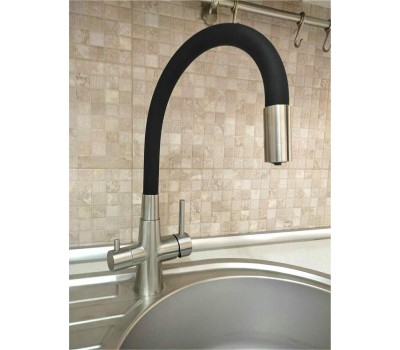 Смеситель для кухни MAGNUS 91117 Смеситель кухонный С-образный гибкий излив, ЧЁРНЫЙ, шаровый, с двойным выпуском воды для фильтра, из нержавеющей стали марки 304