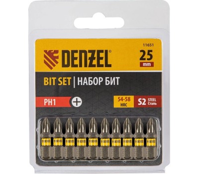 Набор бит DENZEL Набор бит PH1х25, сталь S2, шестигранный профиль, 10 шт. 11651