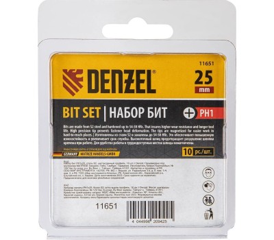 Набор бит DENZEL Набор бит PH1х25, сталь S2, шестигранный профиль, 10 шт. 11651