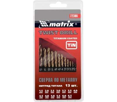Набор сверл MATRIX Набор нитридтитан. сверл по металлу, 1.5-6.5 мм (через 0.5 мм+3.2мм 4.8 мм), НSS, 13 шт