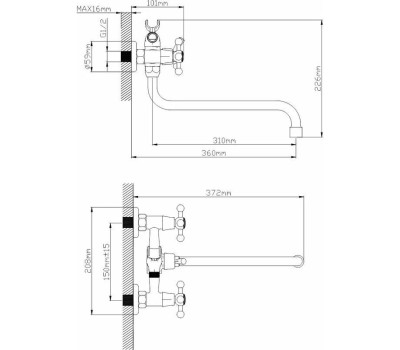 Смеситель GR 123030 Смеситель д/ванны с 2-мя рукоятками с изливом S-30см. перекл.душа