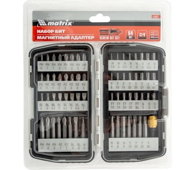 Набор бит MATRIX Набор бит, магнитный адаптер, CrV, пластиковый кейс, 64 шт. 11327