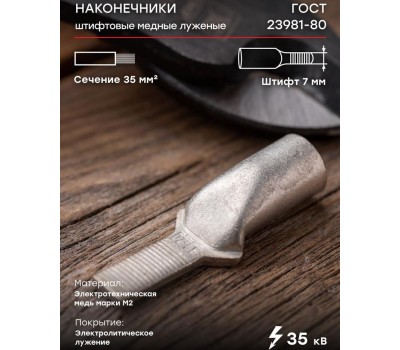 Наконечник REXANT Наконечник штифтовой медный луженый НШМЛ 35-7х20 (35мм² - Ø7мм) (в упак. 25 шт.)