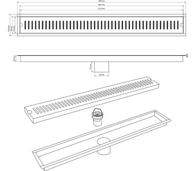 САНАКС - Трап линейный 700 х 100 мм, вертикальный выпуск с гидрозатвором, с верхним бортиком, из нержавеющей стали марки SUS 304, цвет ЧЁРНЫЙ. 00052-B