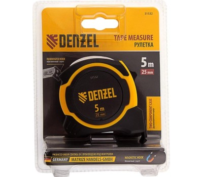Рулетка DENZEL Рулетка 5м х 25мм, двухкомп. корпус, магнитный обрезиненный зацеп 31532