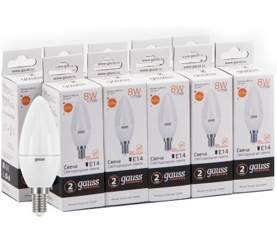 GAUSS Упаковка ламп LED E14, свеча, 8Вт, 10 шт. [33118]