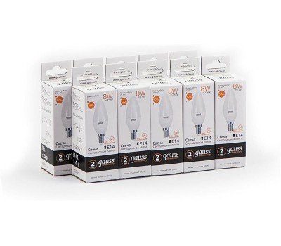 GAUSS Упаковка ламп LED E14, свеча, 8Вт, 10 шт. [33118]