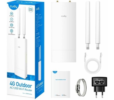 Точка доступа CUDY Точка доступа Outdoor 4G LTE AC1200 WiFi Router, Cat.4, 300Mbps + 867Mbps Wi-Fi, build-in 4G LTE modem, lightning protection, IP65 Waterproof, 10/100M RJ45, 2 x Detachable 4G Antennas, 24V passive PoE adapter included, Mesh Support