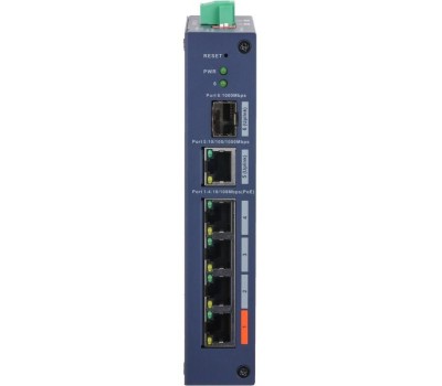 Коммутатор DAHUA DH-CHS4106-4ET-60 4-портовый PoE коммутатор управляемый 4 RJ45 10/100Мбит/с (PoE/PoE+/Hi-PoE), 1 RJ45 10/100/1000Мбит/с (uplink), 1 SFP 1000Мбит/с (uplink); IP30, IK06; монтаж на DIN-рейку