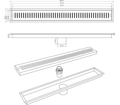 САНАКС - Трап линейный 800 х 100 мм, вертикальный выпуск с гидрозатвором, с верхним бортиком, из нержавеющей стали марки SUS 304, цвет ЧЁРНЫЙ. 00051-B