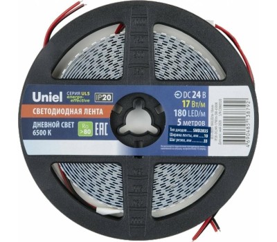 Светодиодная лента UNIEL (UL-00007641) ULS-M16-2835-180LED/m-10mm-IP20-DC12V-17W/m-5M-6500K PROFI катушка в герметичной упаковке