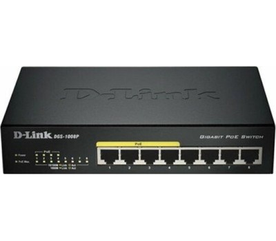 D-Link DGS-1008P/E1A Неуправляемый коммутатор с 8 портами 10/100/1000Base-T (4 порта PoE 802.3af/at, PoE-бюджет 80 Вт)