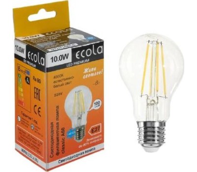 Лампа ECOLA N7LV10ELC 10,0W ФИЛАМЕНТ A60 220-240V E27 4000K 360° прозр. нитевидная (RA 80, 100 LM)