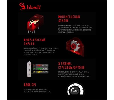 A4TECH Мышь проводная Bloody A70 черный (USB, 6200dpi, 8but) (A70 MATTE BLACK)