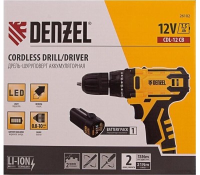 Дрель DENZEL Дрель-шуруповерт аккумуляторная CDL-12CB, Li-Ion, 12 В, 1 акк. 26102