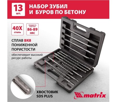 Набор буров MATRIX Набор буров по бетону, 6-8-10 х 160, 8-10-12 х 210, 10-12-14 х 260 мм, зубила 4 шт, SDS Plus 71098