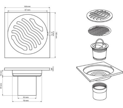 МАГНУС - Трап под бронзу, 100х100 мм, выход 50 мм вертикальный, крышка решетка, с сухим затвором, слива воды из нержавеющей стали 201 1160