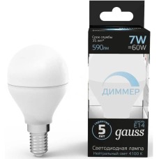 GAUSS Лампа светодиодная 7Вт цок.:E14 шар 220B св.свеч.бел.нейт. (упак.:1шт) (105101207-D)