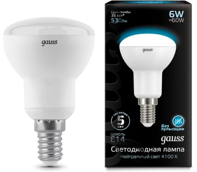 GAUSS Упаковка ламп LED E14, рефлектор, 6Вт, R50, 10 шт. [106001106]