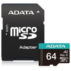 A-DATA Карта памяти microSDXC UHS-I U3 Premier Pro 64 ГБ, 100 МБ/с, Class 10, AUSDX64GUI3V30SA2-RA1, 1 шт., переходник SD