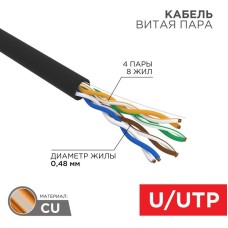 REXANT Кабель витая пара U/UTP, CAT 5e, PE, 4PR, 24AWG, внешний, однопроволочный, черный, 305м, РФ