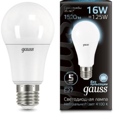 GAUSS Лампа светодиодная A60 16Вт цок.:E27 груша 220B св.свеч.бел.нейт. (упак.:1шт) (102502216)