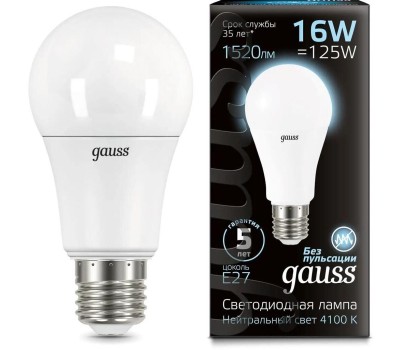GAUSS Лампа светодиодная A60 16Вт цок.:E27 груша 220B св.свеч.бел.нейт. (упак.:1шт) (102502216)