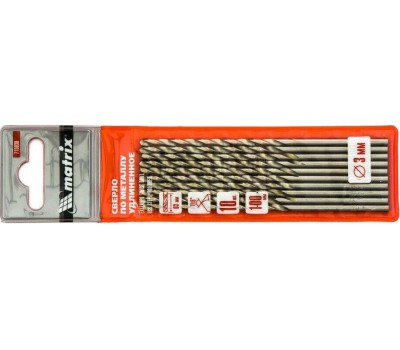 Сверло MATRIX Сверло по металлу, 3 х 100 мм, полированное, удл, HSS, 10 шт, цилиндрический хвостовик 715030