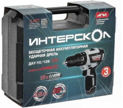 Дрель ИНТЕРСКОЛ Ударная дрель-шуруповерт ДАУ-10/12В, 2.5Ач, с двумя аккумуляторами [767.2.2.45]